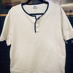 J. Press T-Shirt, White Cotton Pique with Navy Trim